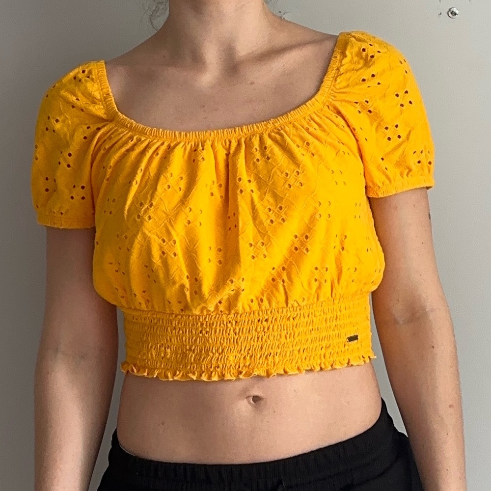 Yellow Eyelet Smocked Crop Top